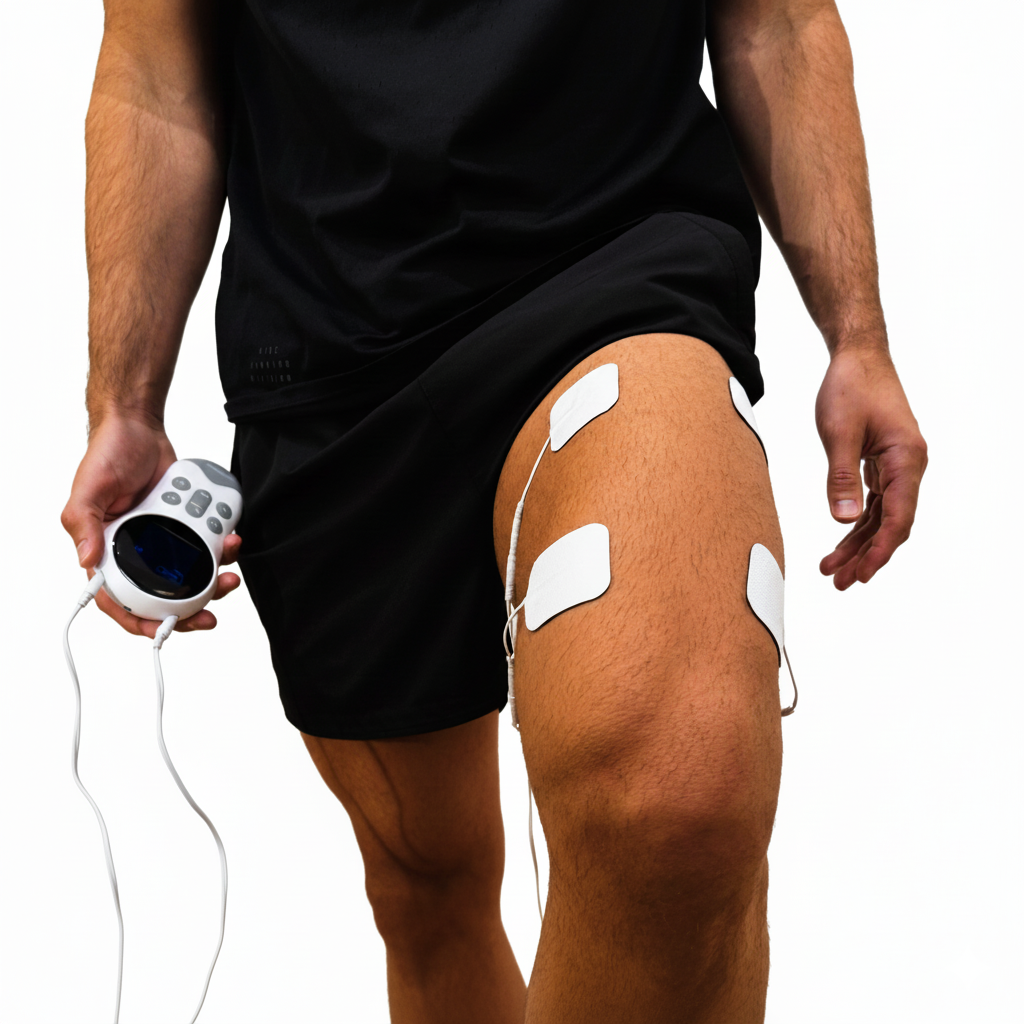 Man som använder TENS elektroder på låret för smärtlindring med Vitality Pro TENS från Jumper Vitality